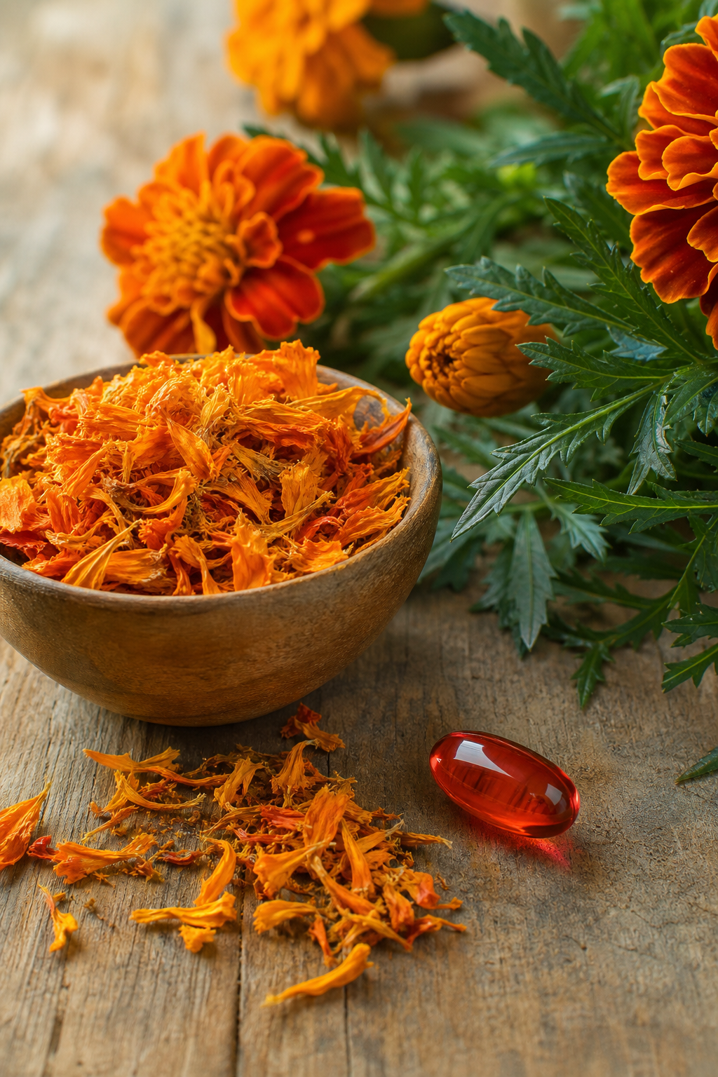 A realistic close‑up of lutein-rich marigold petals and a softgel capsule on a wooden table, soft morning light, alt=