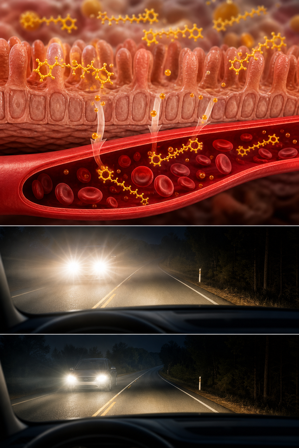 An illustration of lutein molecules being absorbed into a bloodstream, with a diagram of a car’s headlight glare being r