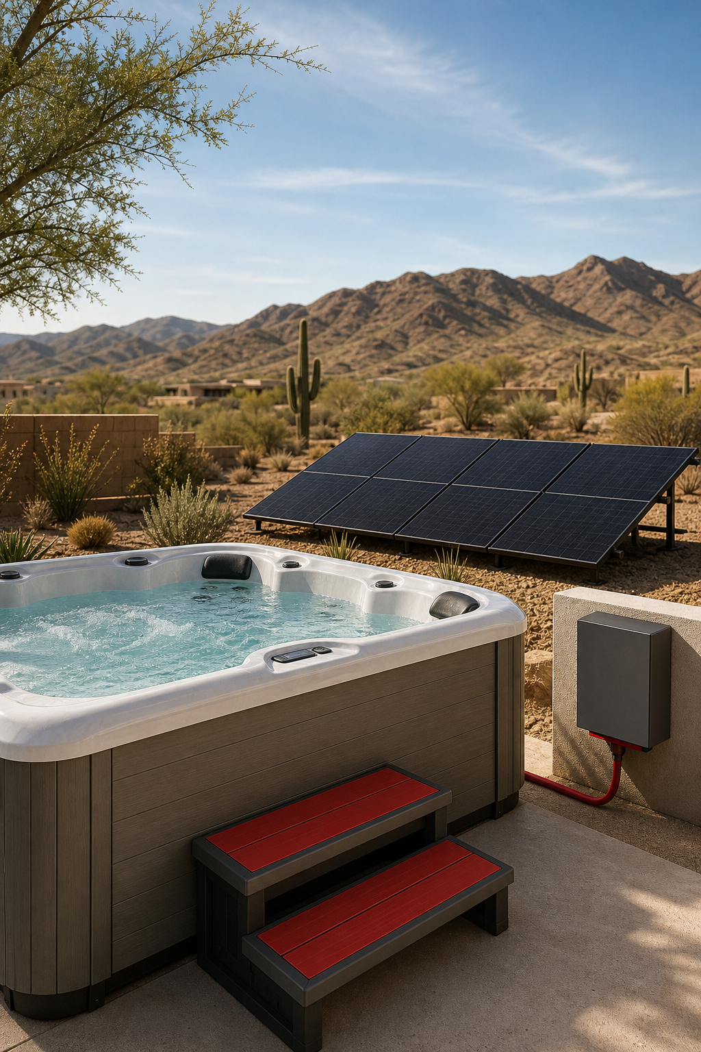 A sun‑baked desert backyard with a luxury hot tub, solar panels on a low‑profile rack, and a sleek solar‑powered control