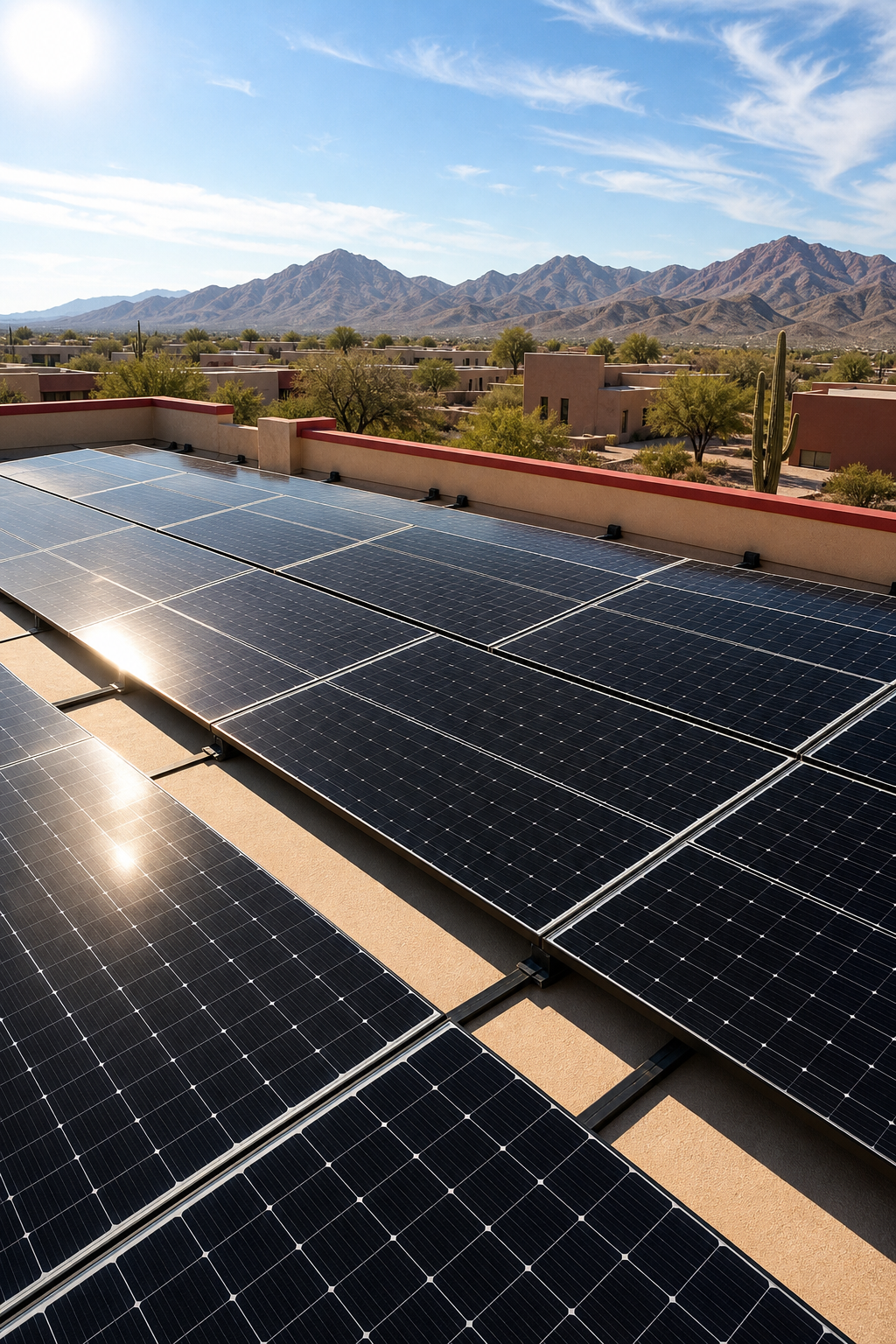 A desert rooftop with sleek black monocrystalline solar panels glinting under a bright sky, realistic style, alt=