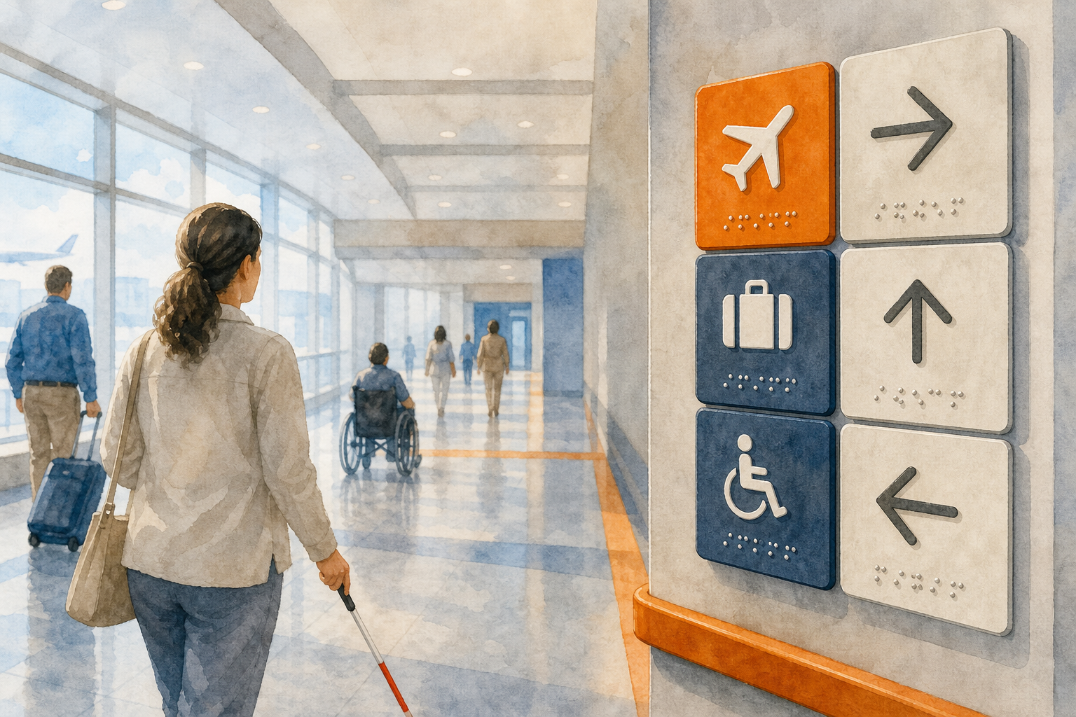 Watercolor illustration of an airport hallway with modular Braille signage panels, showing clear tactile icons and text,