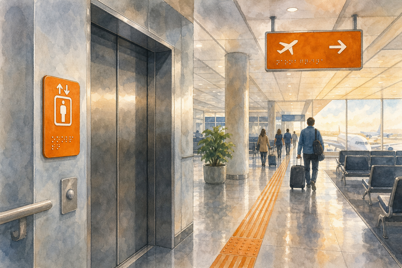 Watercolor scene of an airport terminal with illuminated Braille signs beside elevators and gates, showcasing certified