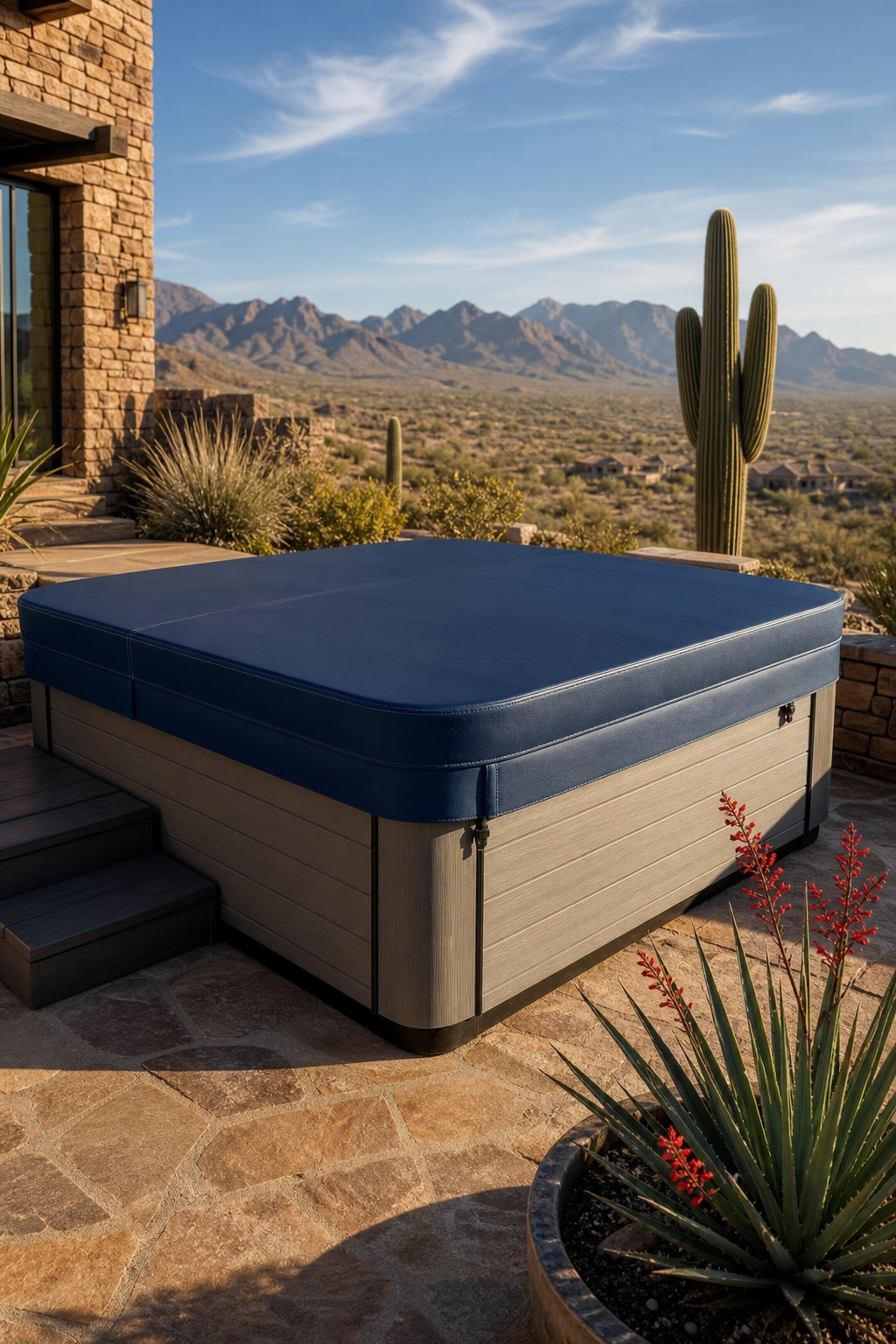 A photorealistic scene of a luxurious desert backyard hot tub under a sleek, dark‑blue cover, with sun‑baked stone walls