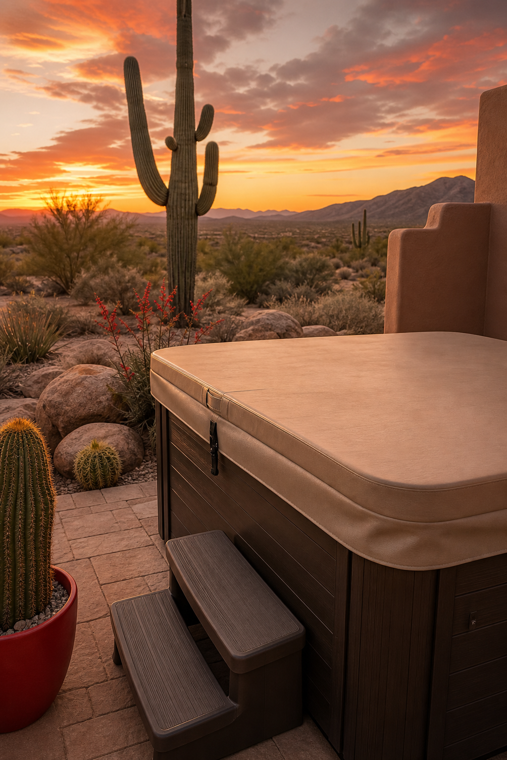 A realistic desert backyard scene showing a vinyl hot tub cover in a soft earth tone, with cacti and a sunset sky, reali