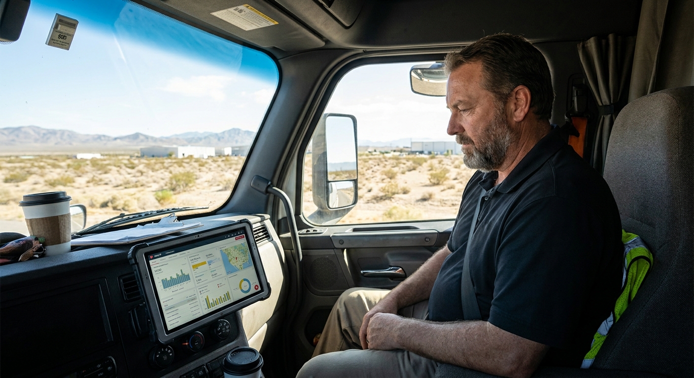 A realistic illustration of a FedEx linehaul driver reviewing a digital delivery dashboard on a tablet inside a truck ca