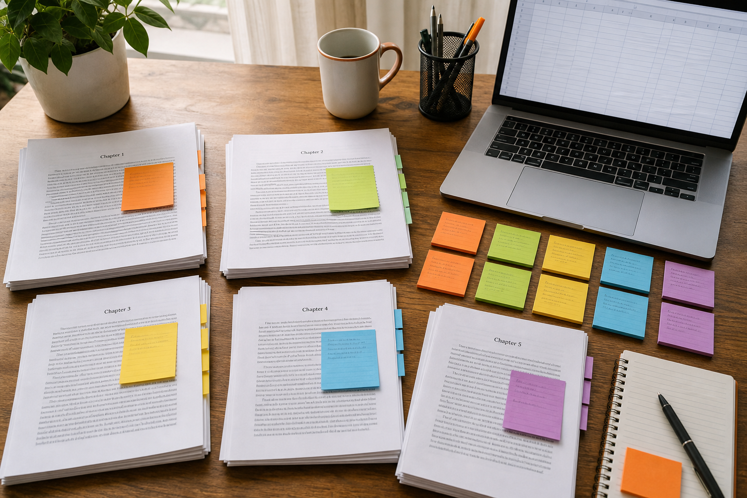 organizing beta reader feedback on a nonfiction manuscript with color-coded notes.