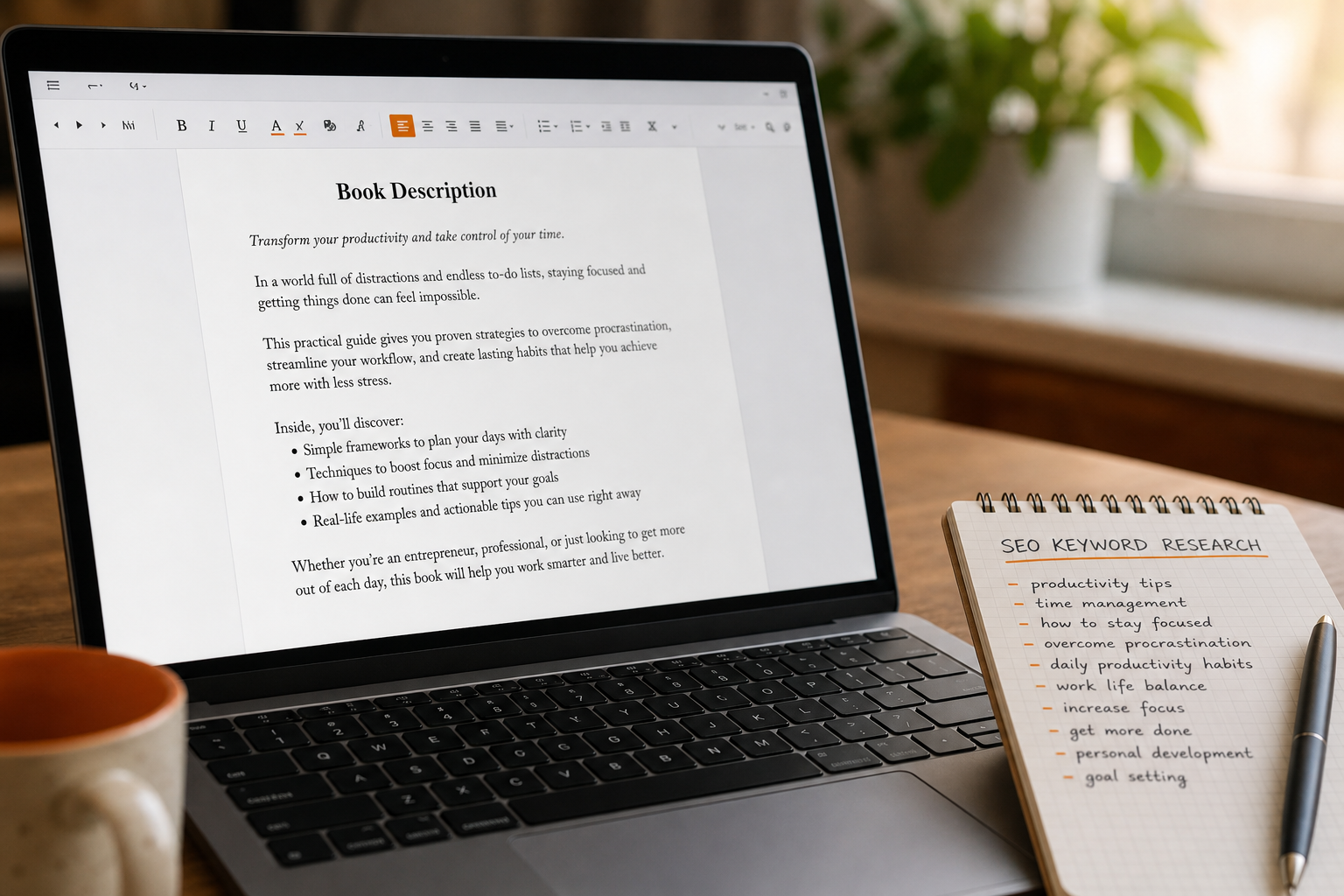 writing a non-fiction book description with SEO keywords on a laptop.