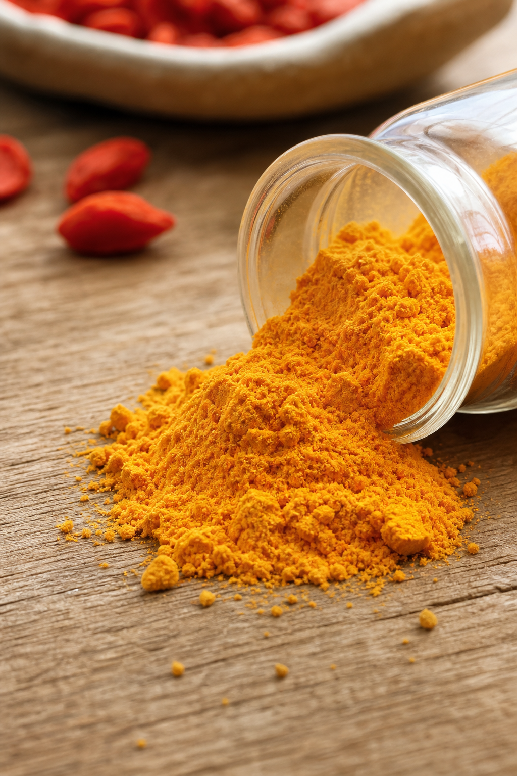 A realistic close‑up of lutein and zeaxanthin powder spilling onto a wooden table, soft natural light, alt=