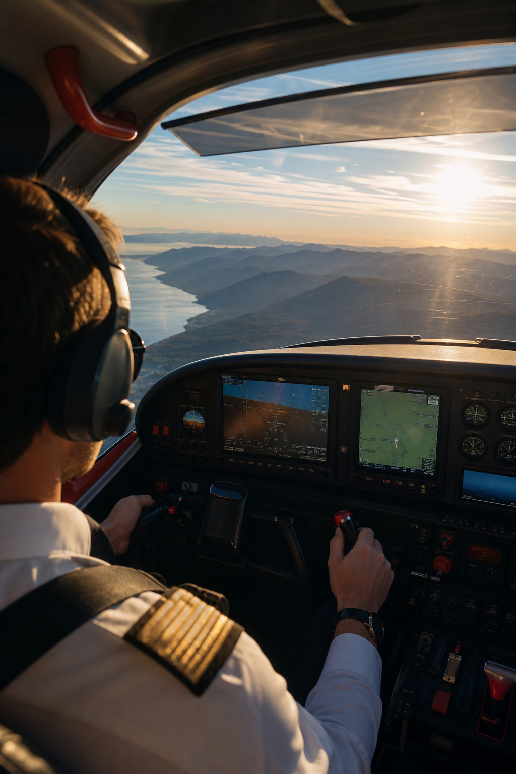 A realistic illustration of a pilot’s cockpit view with glare reduced by a filter, focusing on eyes, alt=