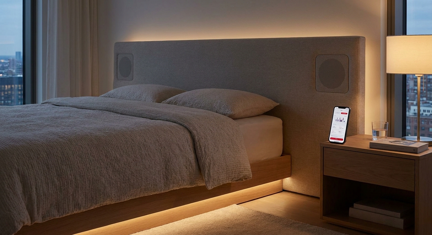 smart mattress with built‑in speakers and sleep app interface