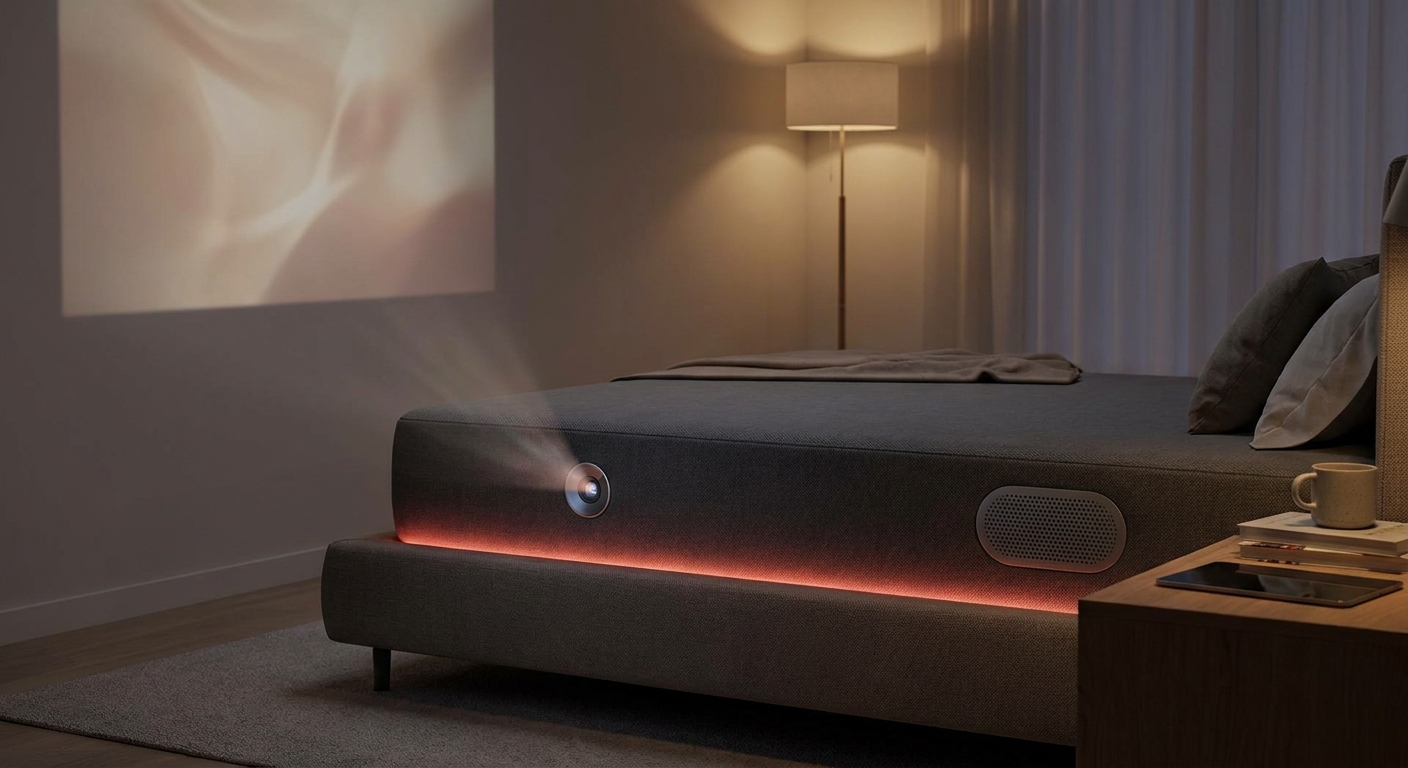 smart mattress with built‑in projector and speakers creating a home‑theater vibe