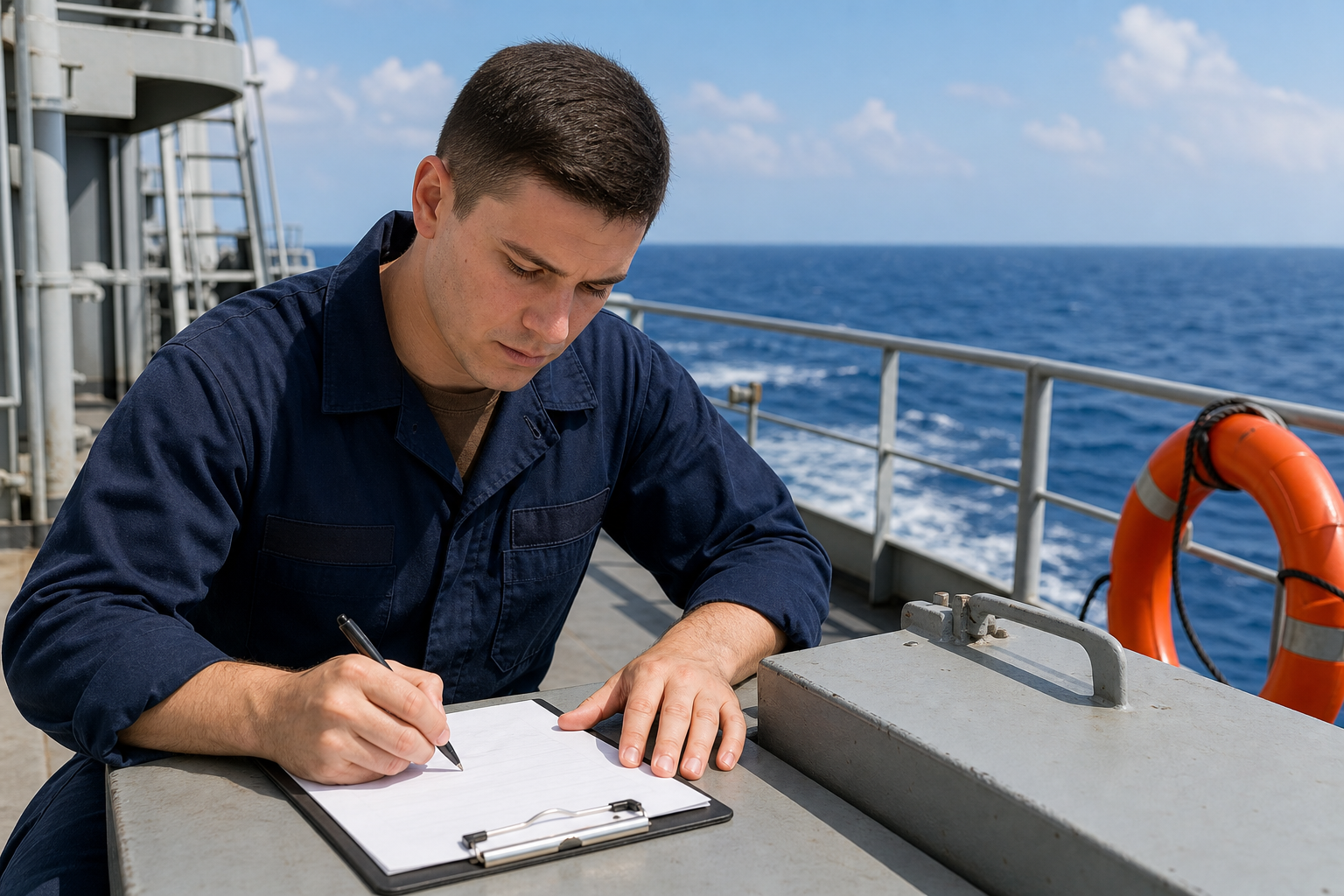 sailor writing notice of injury on a ship