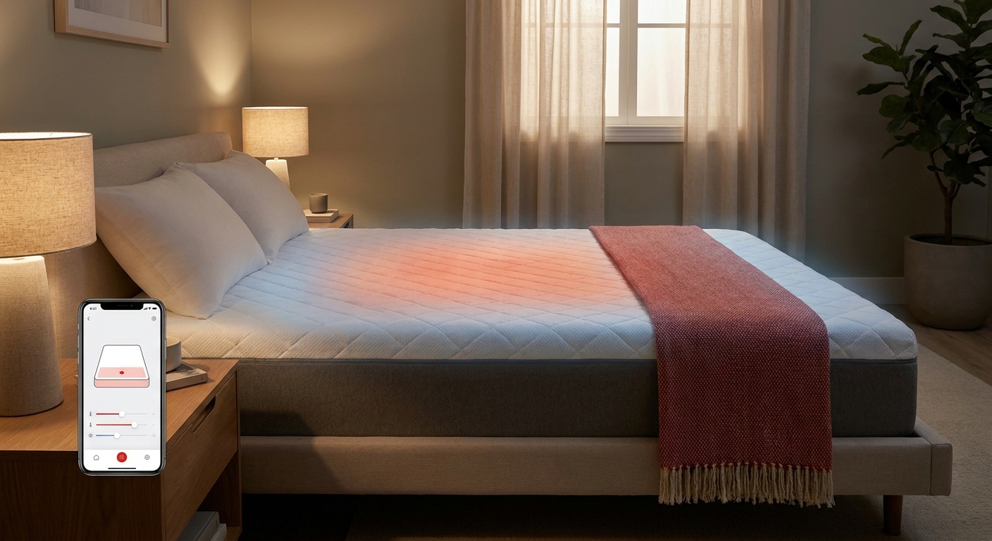 A photorealistic bedroom scene showing a modern smart mattress with a subtle glow indicating temperature zones, soft lig