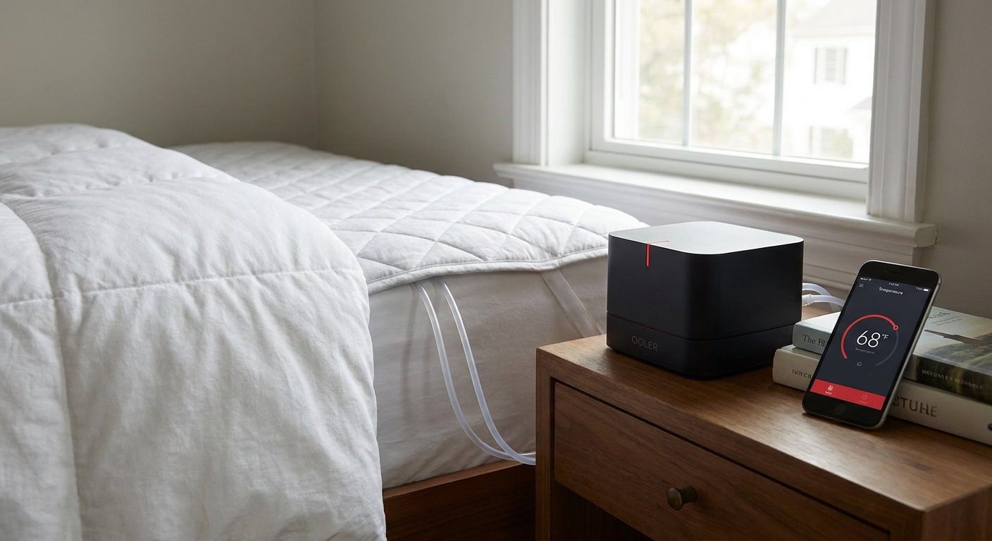 A realistic illustration of a bedroom showing a sleek OOLER control unit on a nightstand, water tubes running into a mat
