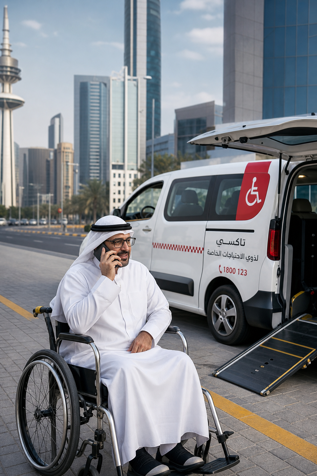 A realistic scene of a passenger speaking on a phone with a professional taxi driver, showing a modern Kuwaiti city stre