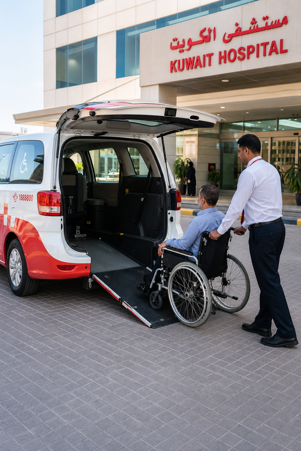 A realistic photo of a wheelchair-accessible taxi arriving at Kuwait Hospital entrance, with a professional driver assis