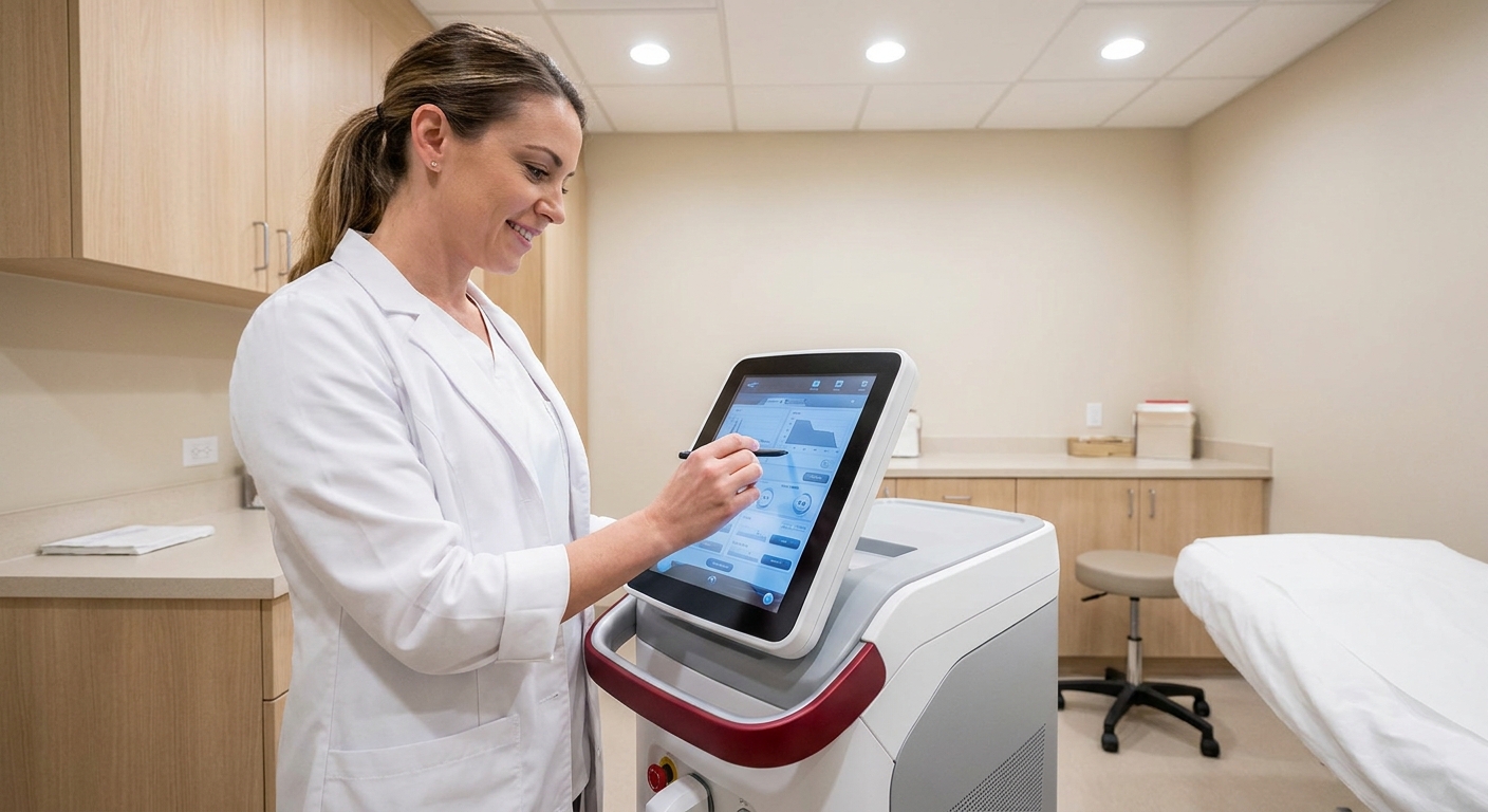 experienced laser hair removal technician preparing equipment at an Oklahoma City clinic.