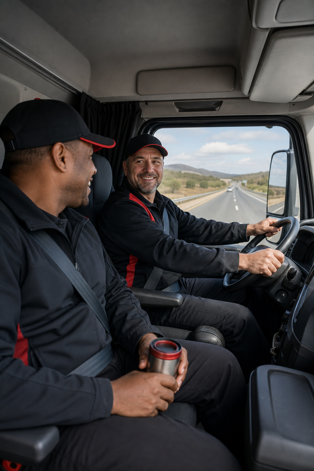 A realistic photo of two truck drivers sharing the cab of a FedEx tractor-trailer on a highway, showing teamwork and ope
