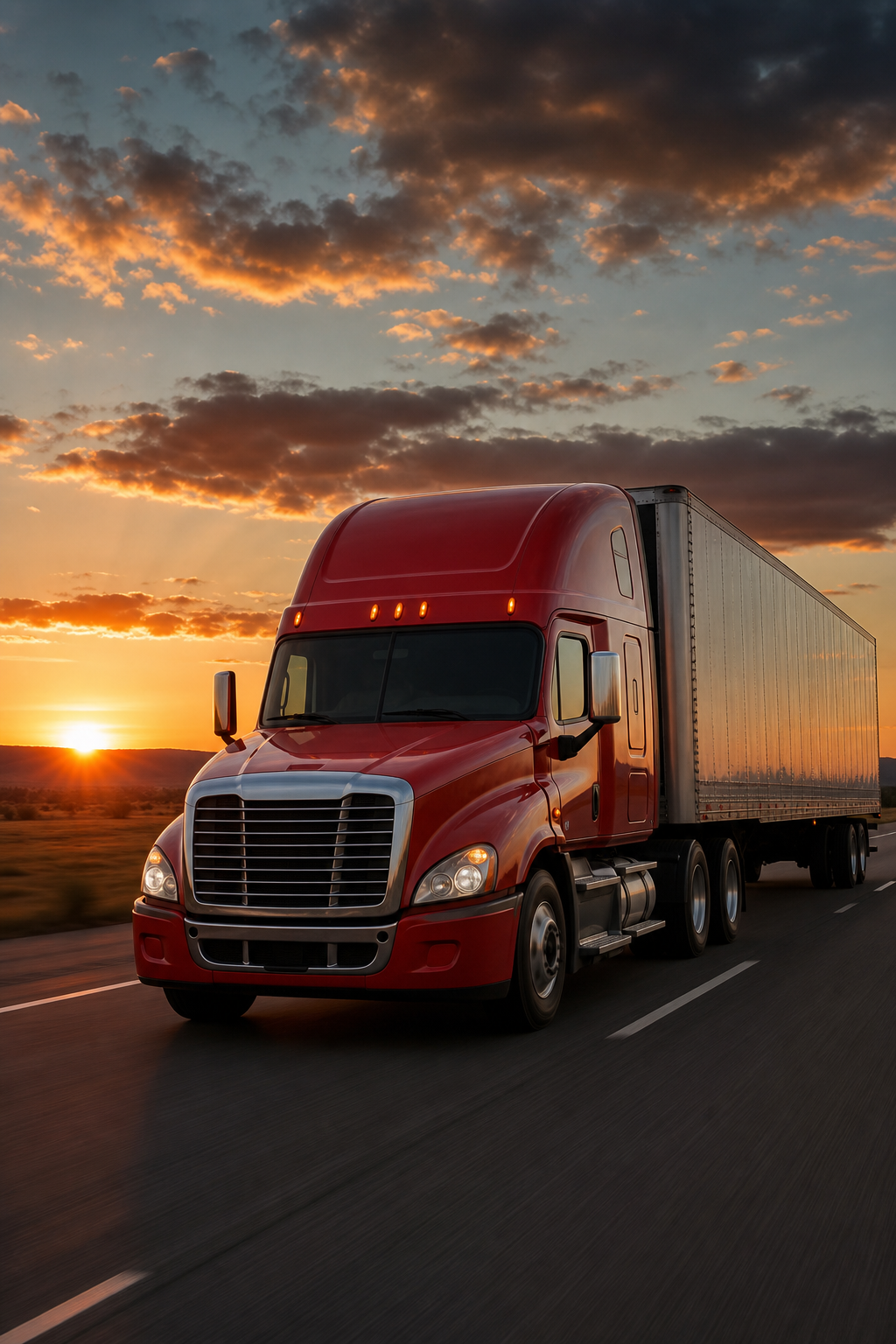 A realistic view of a long‑haul truck cruising across open interstate at sunset, highlighting mileage and overtime oppor