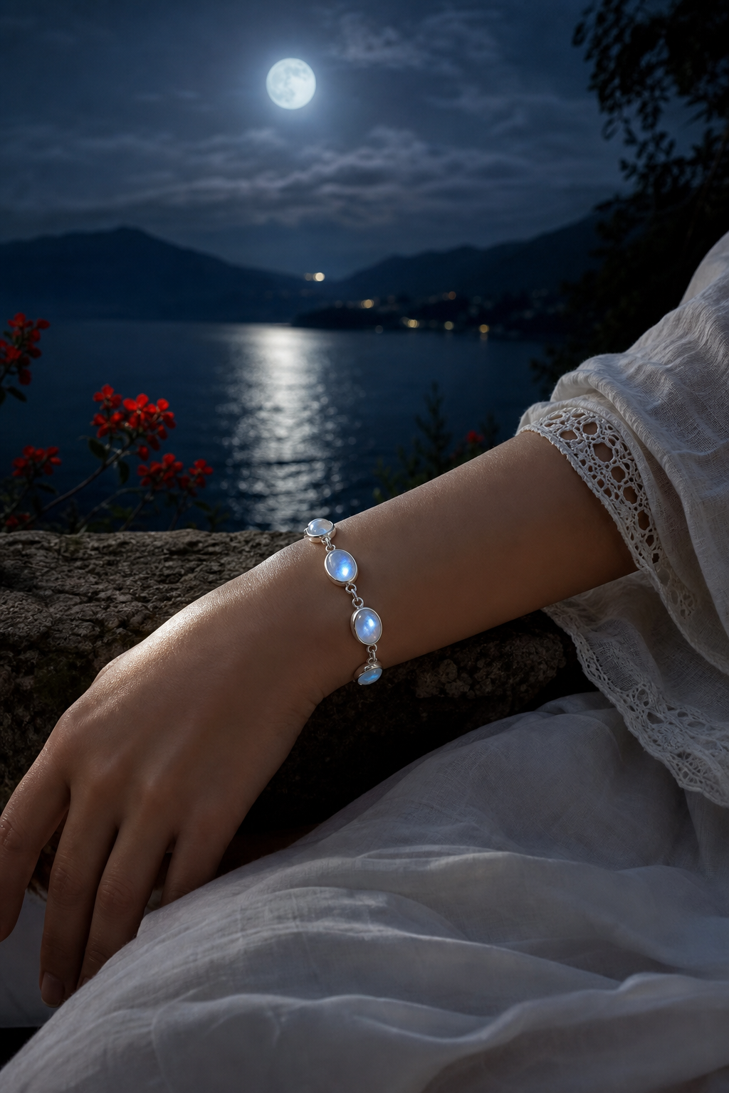 A serene night‑time scene showing a woman’s wrist adorned with a moonstone bracelet, the stone catching soft moonlight,