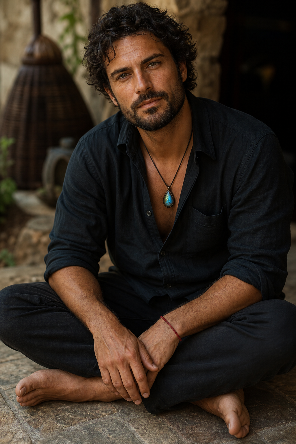 A realistic portrait of a man sitting cross‑legged on a stone floor, wearing a labradorite necklace that catches a subtl