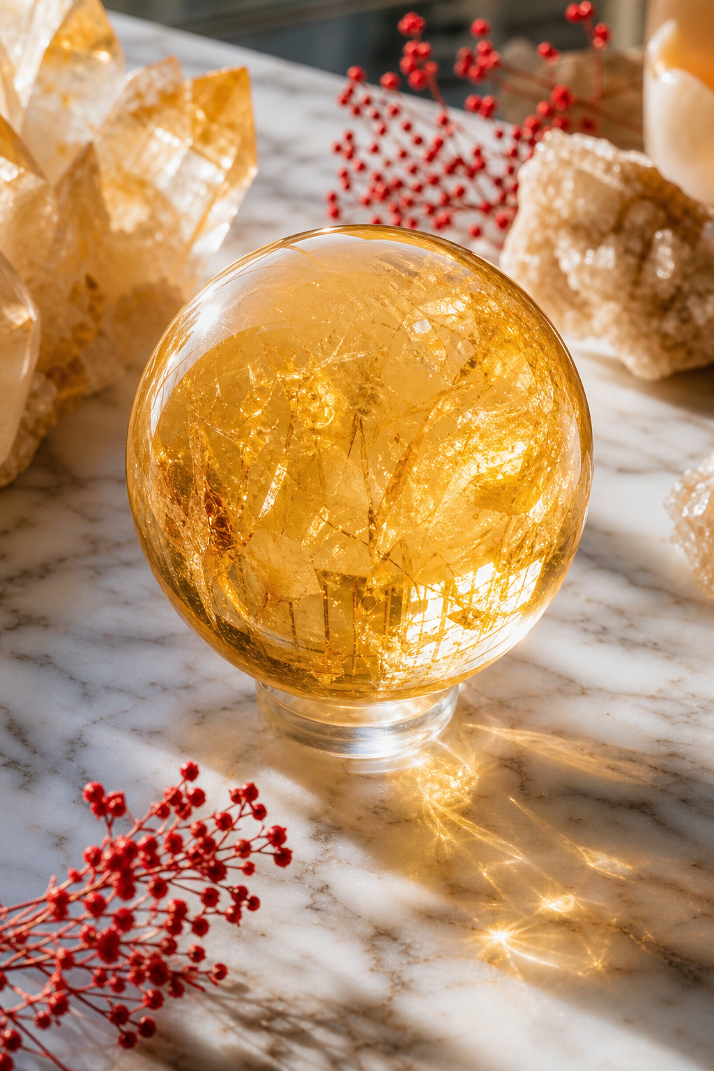 A bright citrine crystal ball reflecting golden light on a white marble surface, alt text=