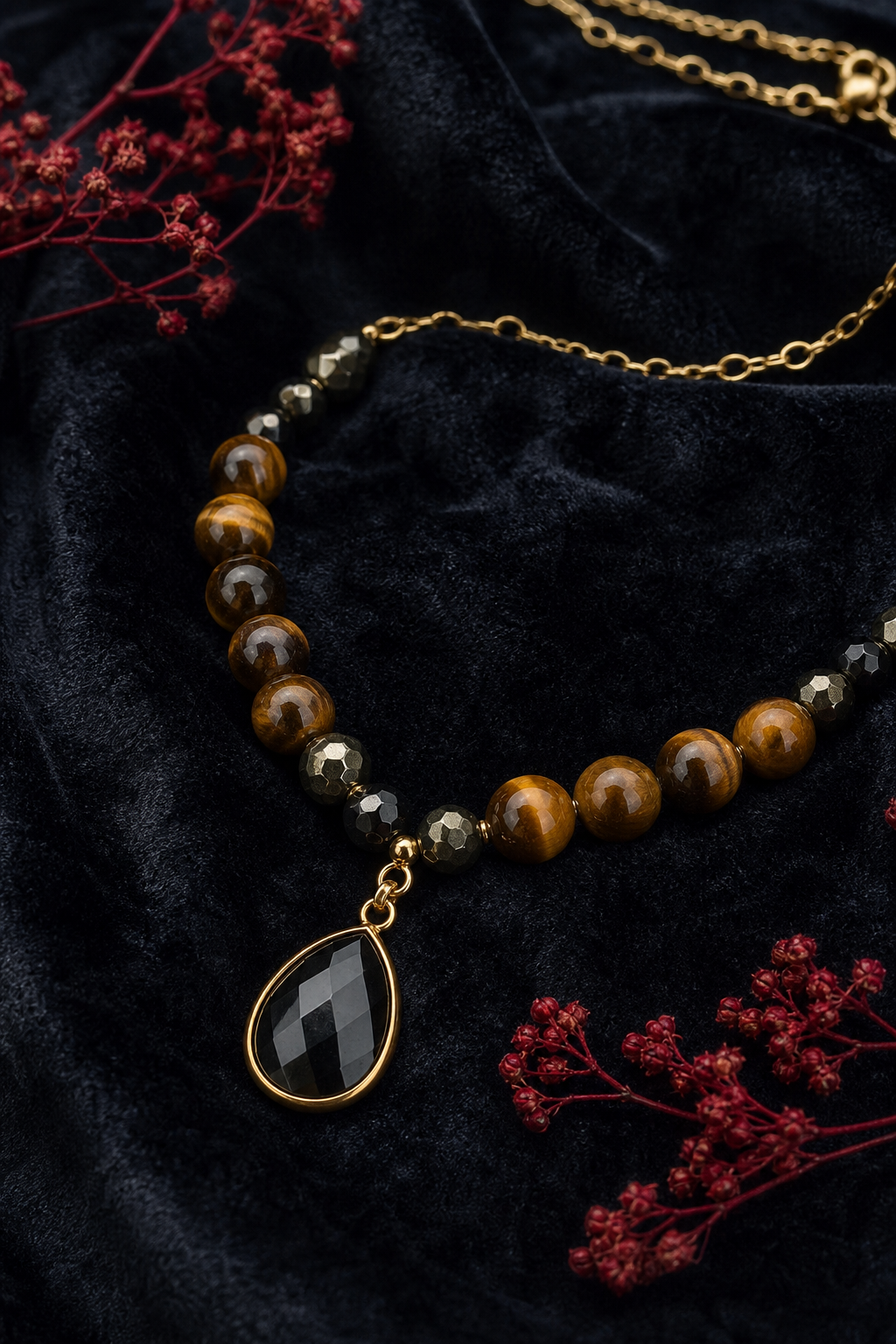 A photorealistic closeâup of a tiger eye and black pyrite necklace laying on a dark velvet background, showing the stone