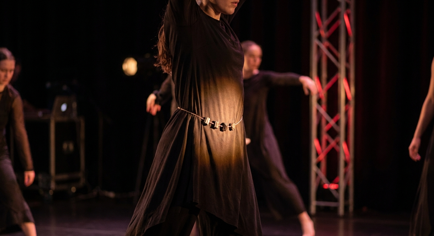A realistic scene of a dancer wearing a black tourmaline waist chain on stage, lights highlighting the stones.