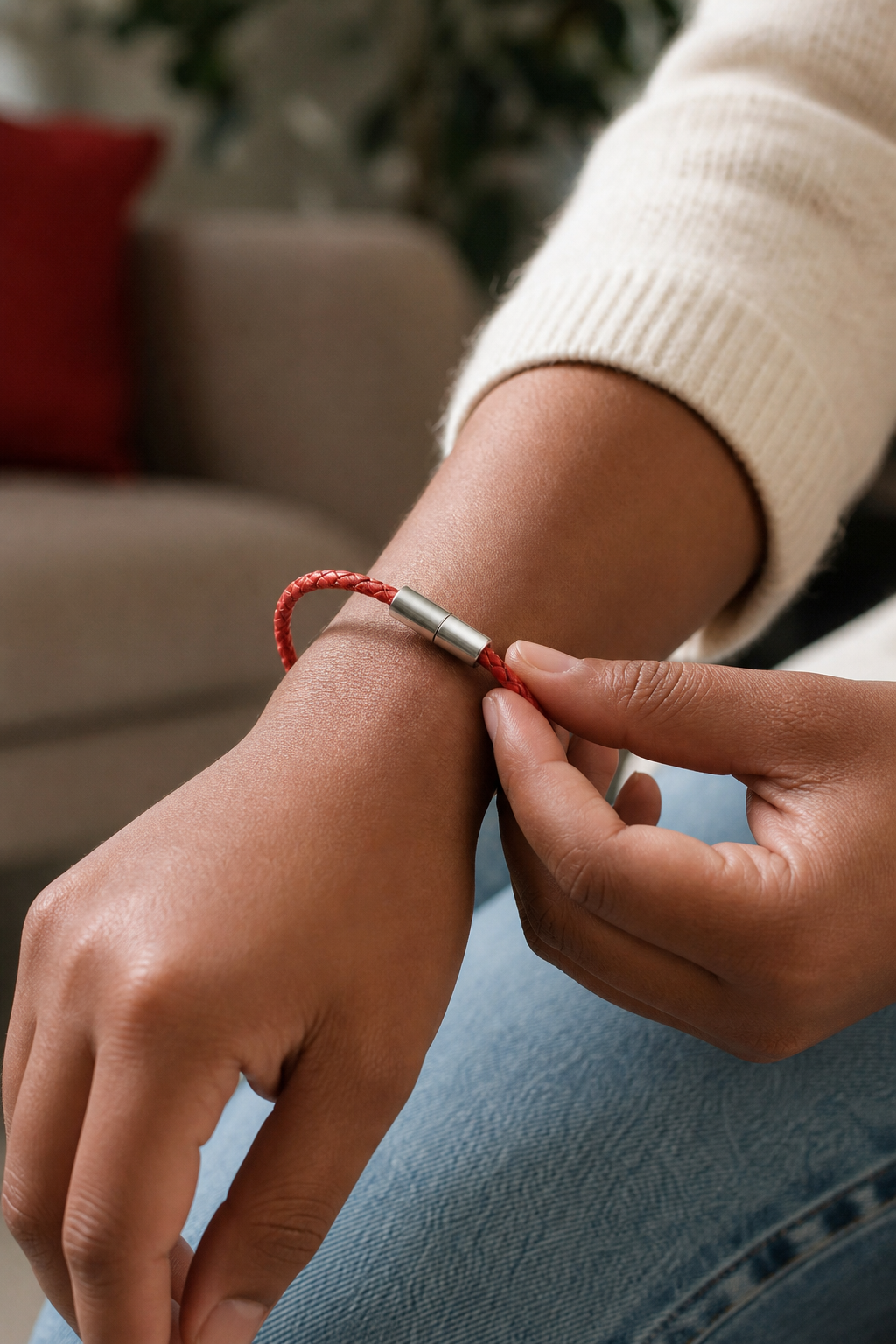 A realistic scene of a hand sliding a magnetic clasp bracelet onto the wrist, focusing on the smooth motion, natural lig
