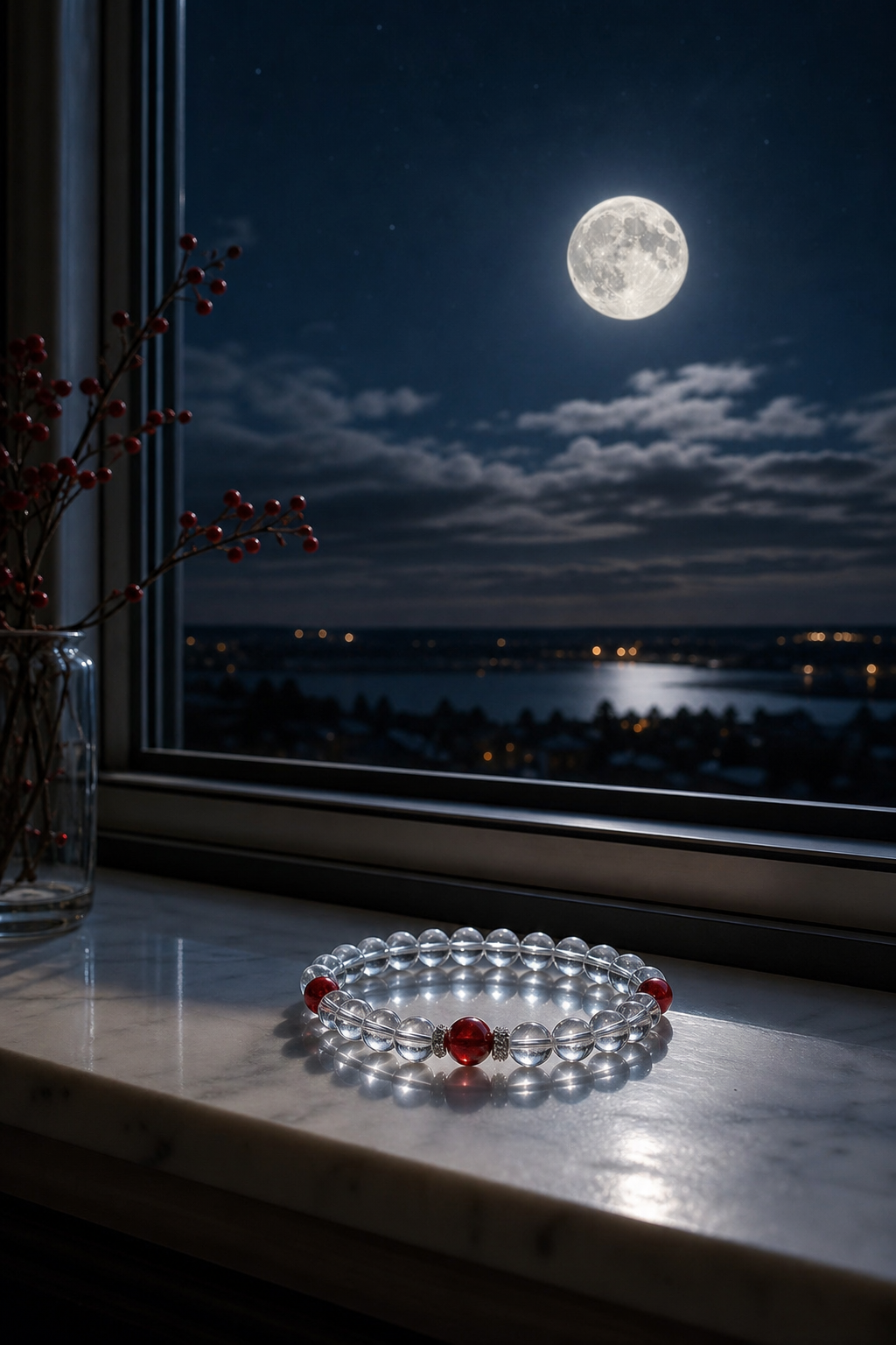 A serene night sky with a full moon shining on a crystal bracelet placed on a windowsill, realistic style