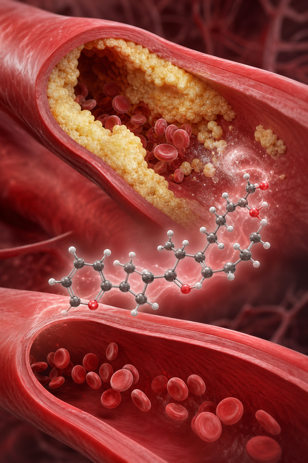 A photorealistic illustration of blood vessels with calcium deposits being cleared, overlayed with a vitamin K2 molecule