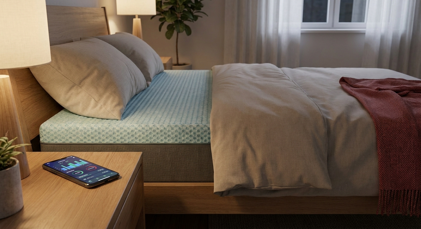 A realistic bedroom scene showing a modern smart mattress with a subtle gel‑infused foam texture, soft lighting, and a s
