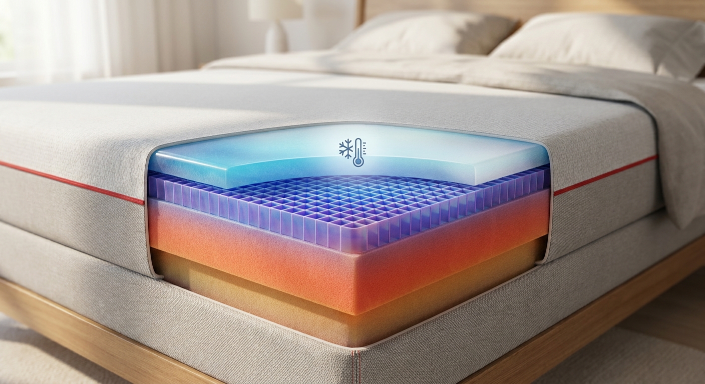 A realistic illustration of a mattress cross‑section showing the hyper‑elastic polymer core, gel grid, and cooling gel l