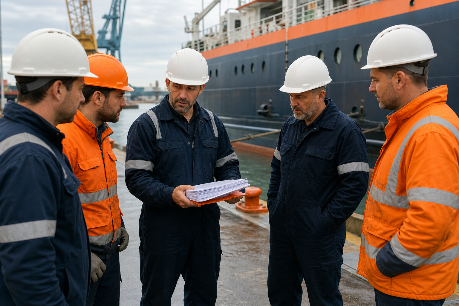 A photorealistic depiction of a ship’s crew in a dockside meeting, with one person holding a stack of documents, highlig