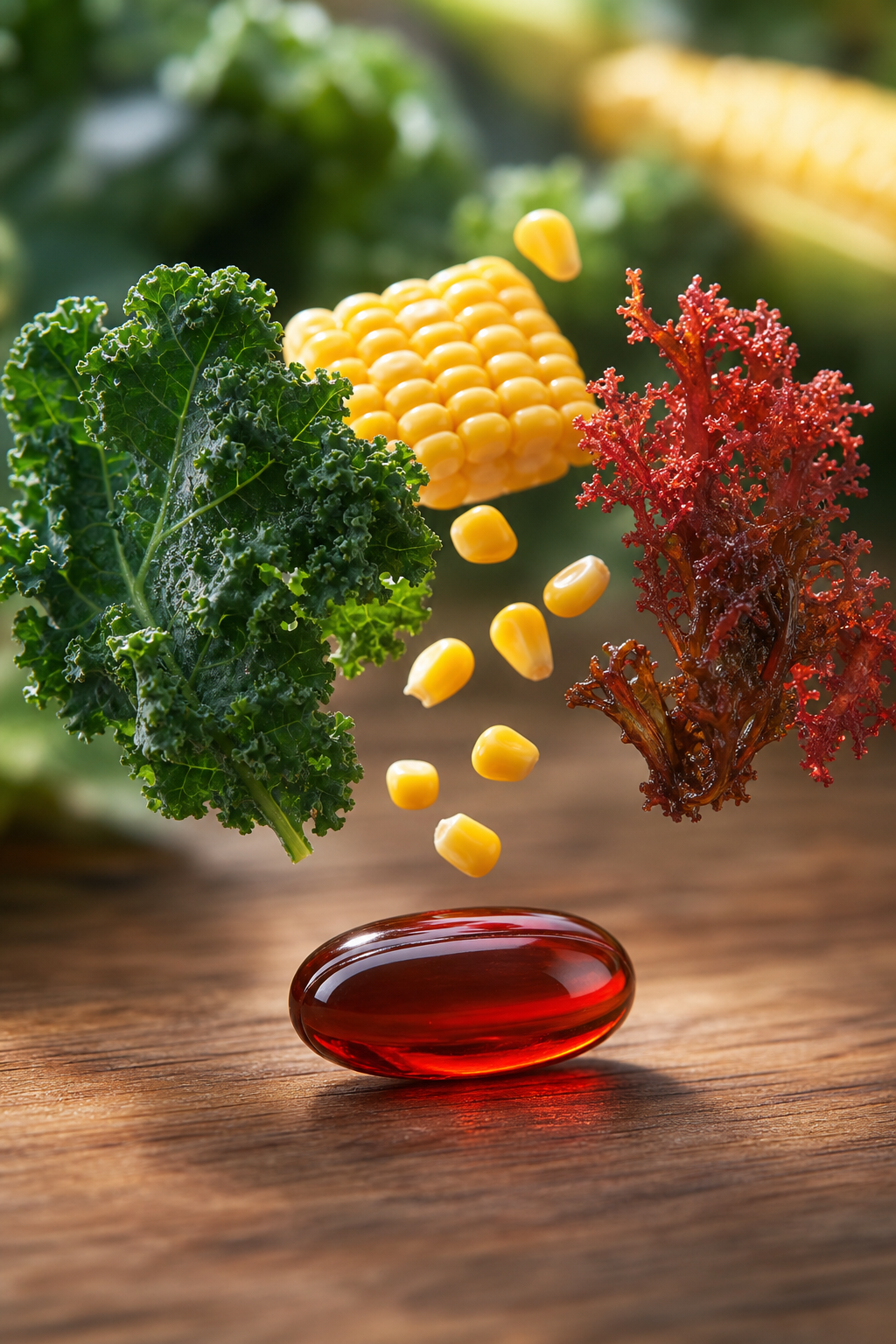 A photorealistic close‑up of lutein-rich kale leaves, zeaxanthin‑rich corn, and astaxanthin‑rich algae floating over a s