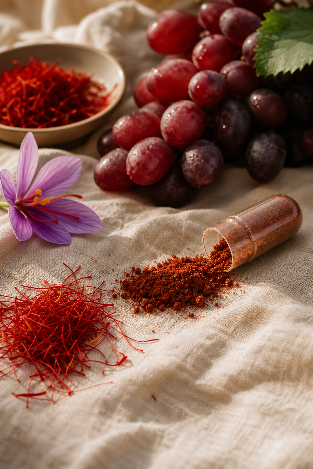 A realistic scene of saffron stigmas, grape clusters, and a capsule spilling onto a light‑colored fabric, soft morning l