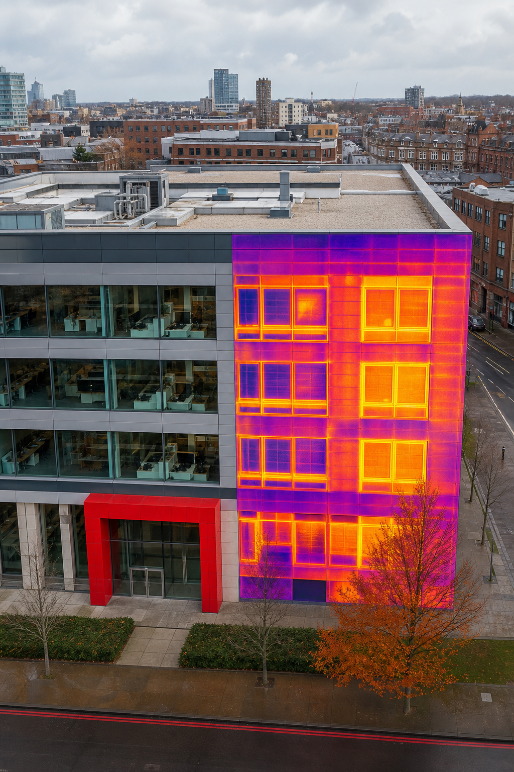 A photorealistic view of a commercial office building façade captured by a drone, showing high‑resolution orthomosaic ov