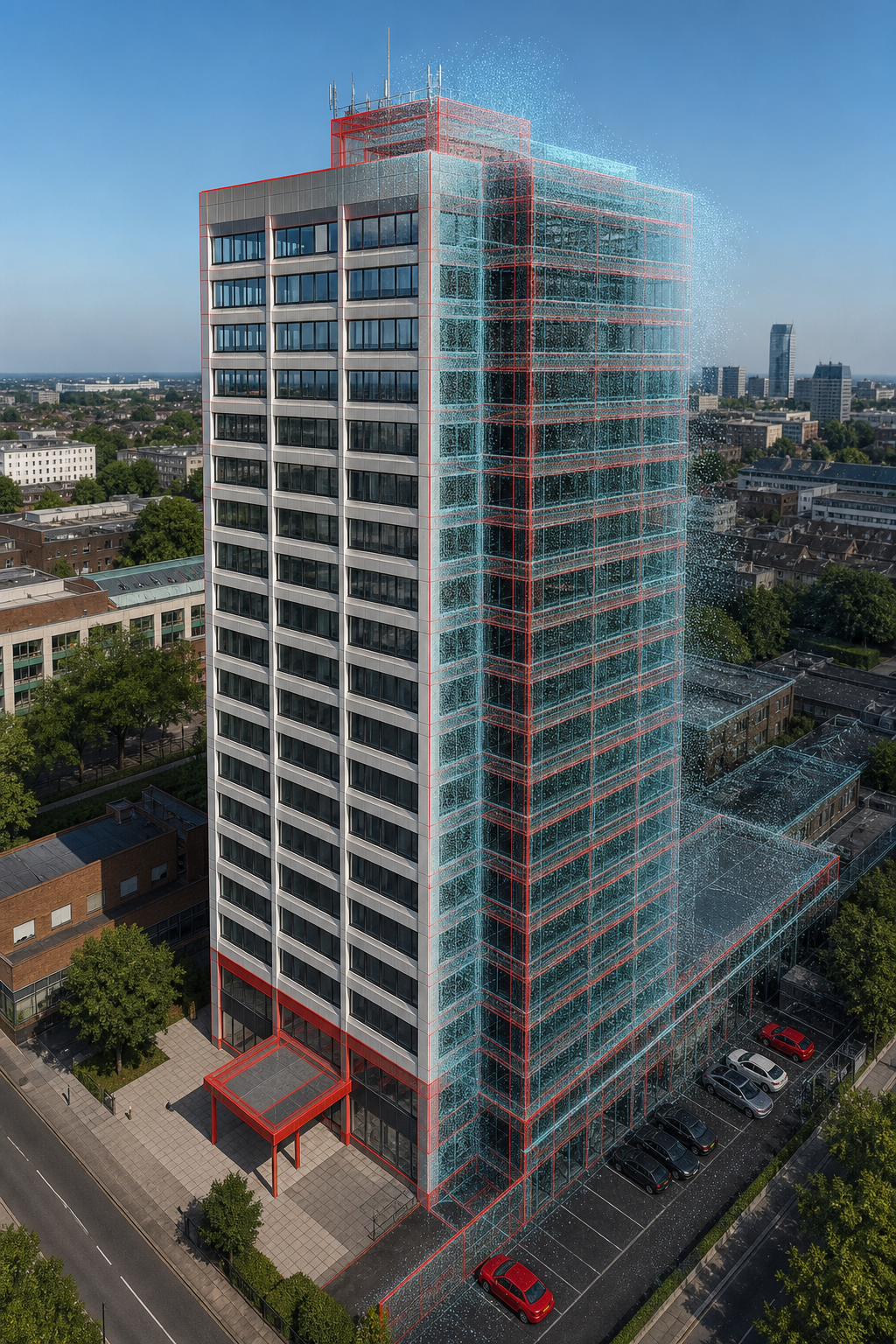 Realistic aerial shot of a 15‑storey office tower with overlaid 3‑D point cloud and color mesh, clear sky, urban setting