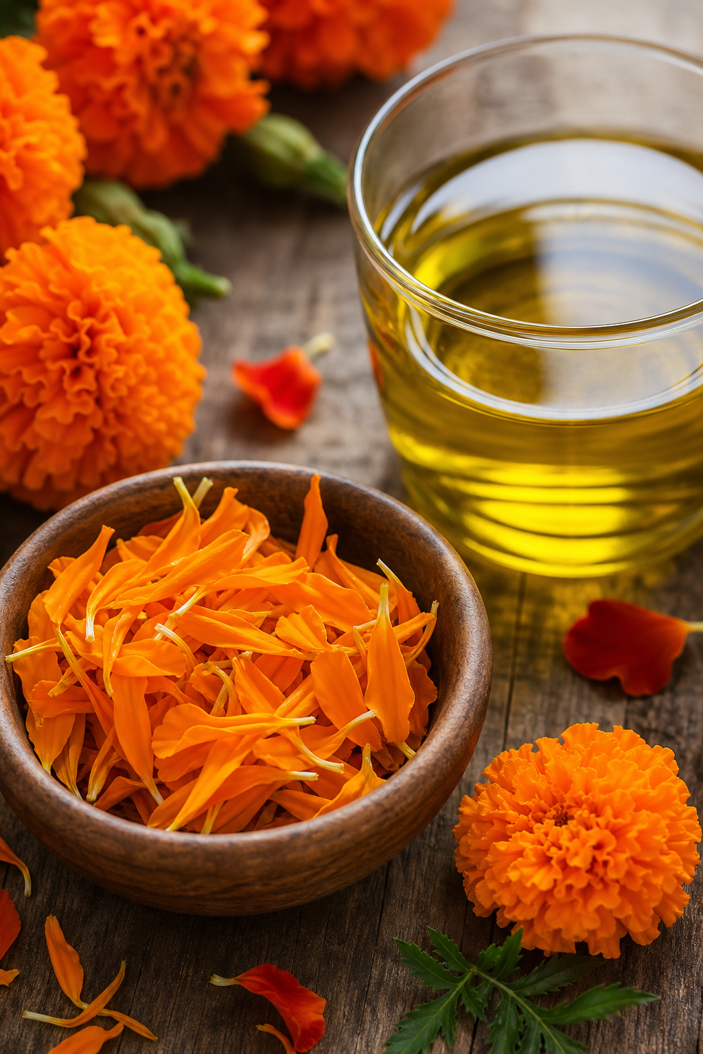 A realistic close‑up of natural lutein‑rich marigold petals and a glass of olive oil on a wooden table, alt=
