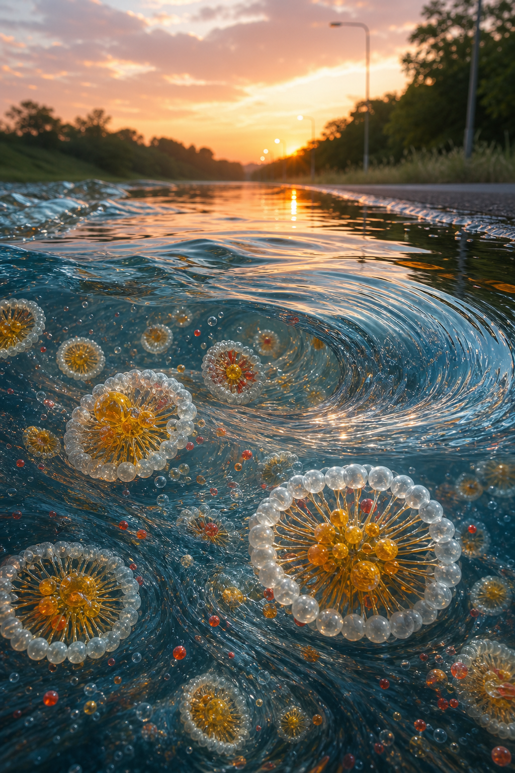 A realistic illustration of micelle particles swirling in water beside a road at dusk, alt=