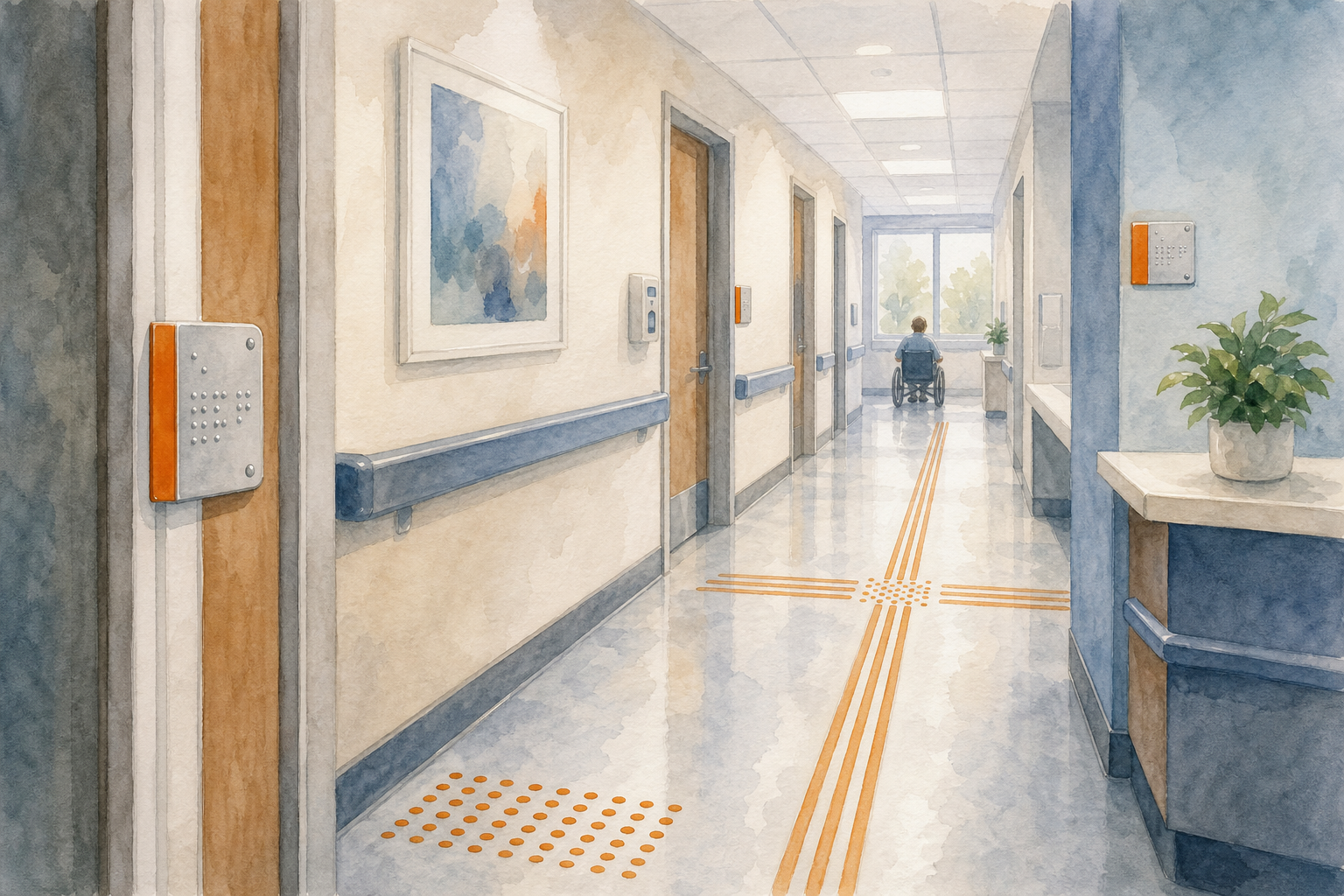 Watercolor illustration of a hospital corridor with highlighted wayfinding points, showing tactile Braille signs at door