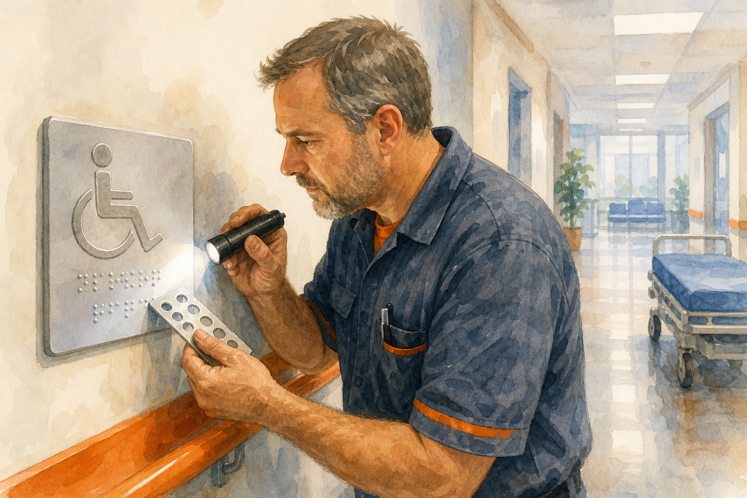 Watercolor scene of a maintenance technician checking tactile signage on a hospital wall, using a handheld light and a B