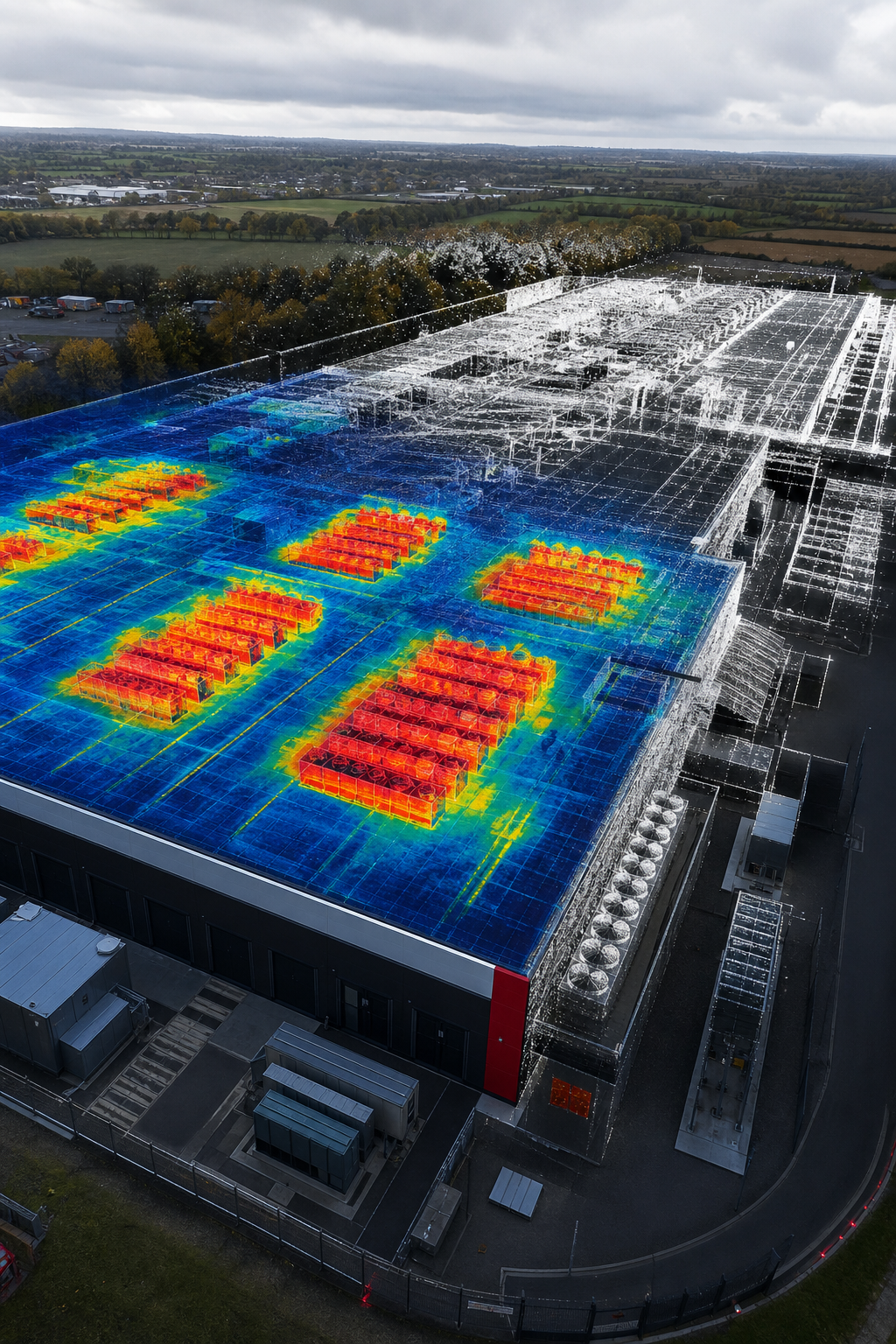 A realistic aerial view of a large data‑centre roof captured by a professional drone, showing thermal overlays and 3‑D p