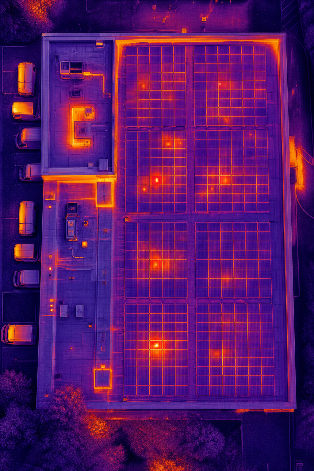 A realistic drone‑captured thermal orthomosaic of a commercial rooftop PV array, showing hotspot hotspots in bright red,