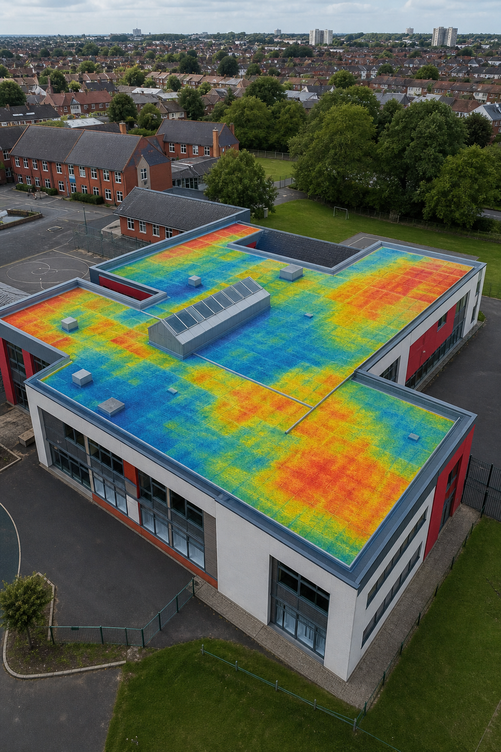 A realistic aerial view of a large school roof captured by a drone, showing detailed 3D mapping and thermal overlay, wit