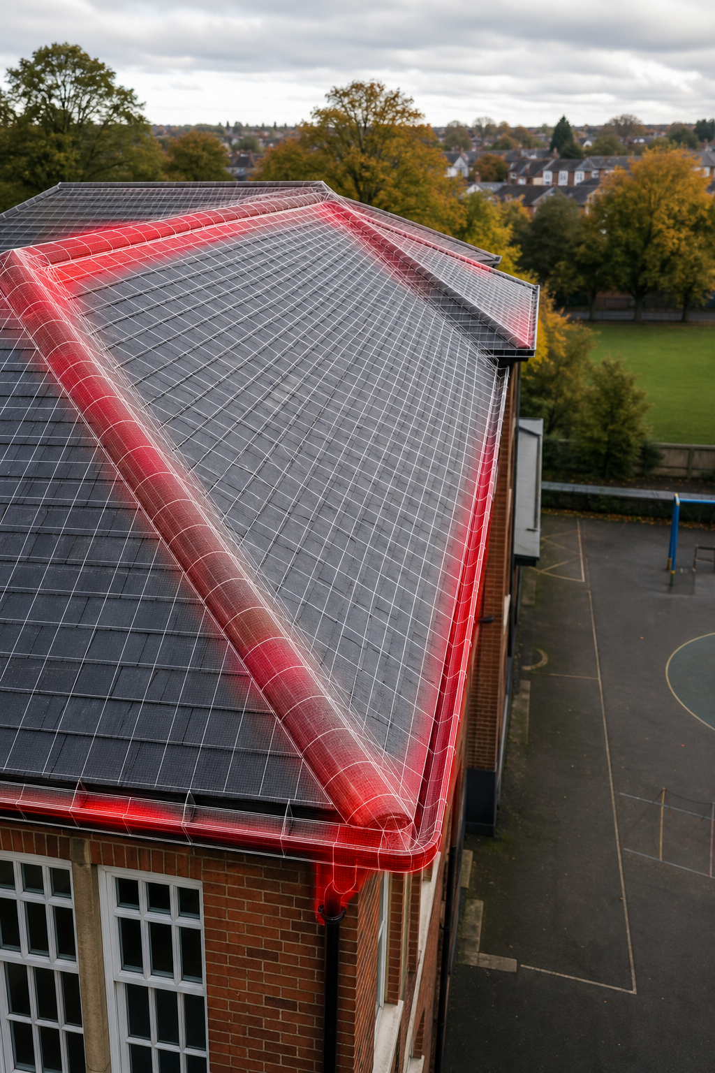 A photorealistic rendering of a school roof with a detailed 3D mesh overlay, showing eaves, gutters, and thermal hotspot