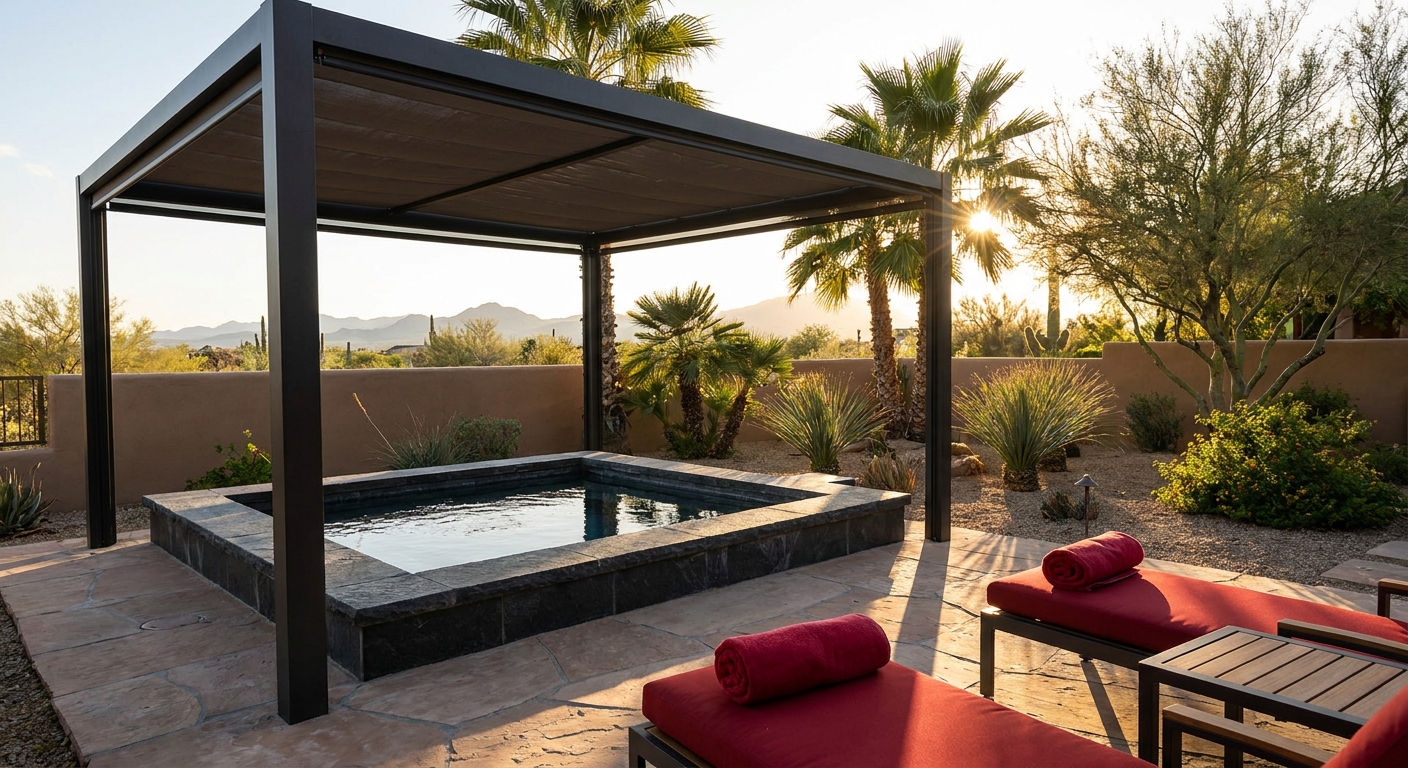 A realistic desert backyard with a luxury hot tub under a stylish gazebo canopy, golden sun, palm trees, and a sleek alu