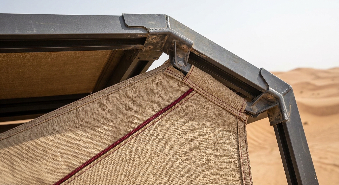 Close-up of a heavy-duty aluminum frame canopy with desert sand background, showing sturdy brackets and UV‑resistant fab