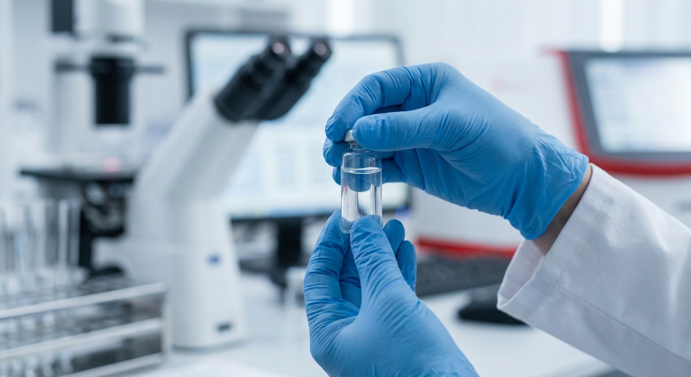 peptide therapy vial in medical lab setting for anti-aging treatment.