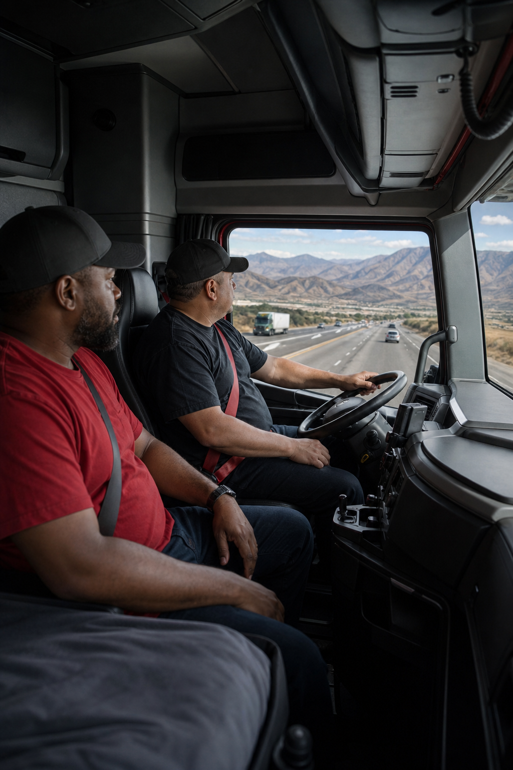 team driving linehaul truck interior view